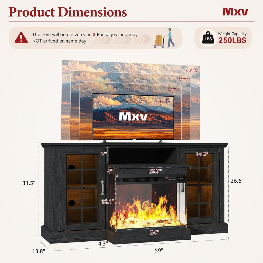 MXV 59'' Fireplace TV Stand, Farmhouse Entertainment Center with 3 Sided Glass TV Stand, Modern Media Console Table with Storage Drawers & Cabinets with LED Flame and Lights for Living Room, Black
