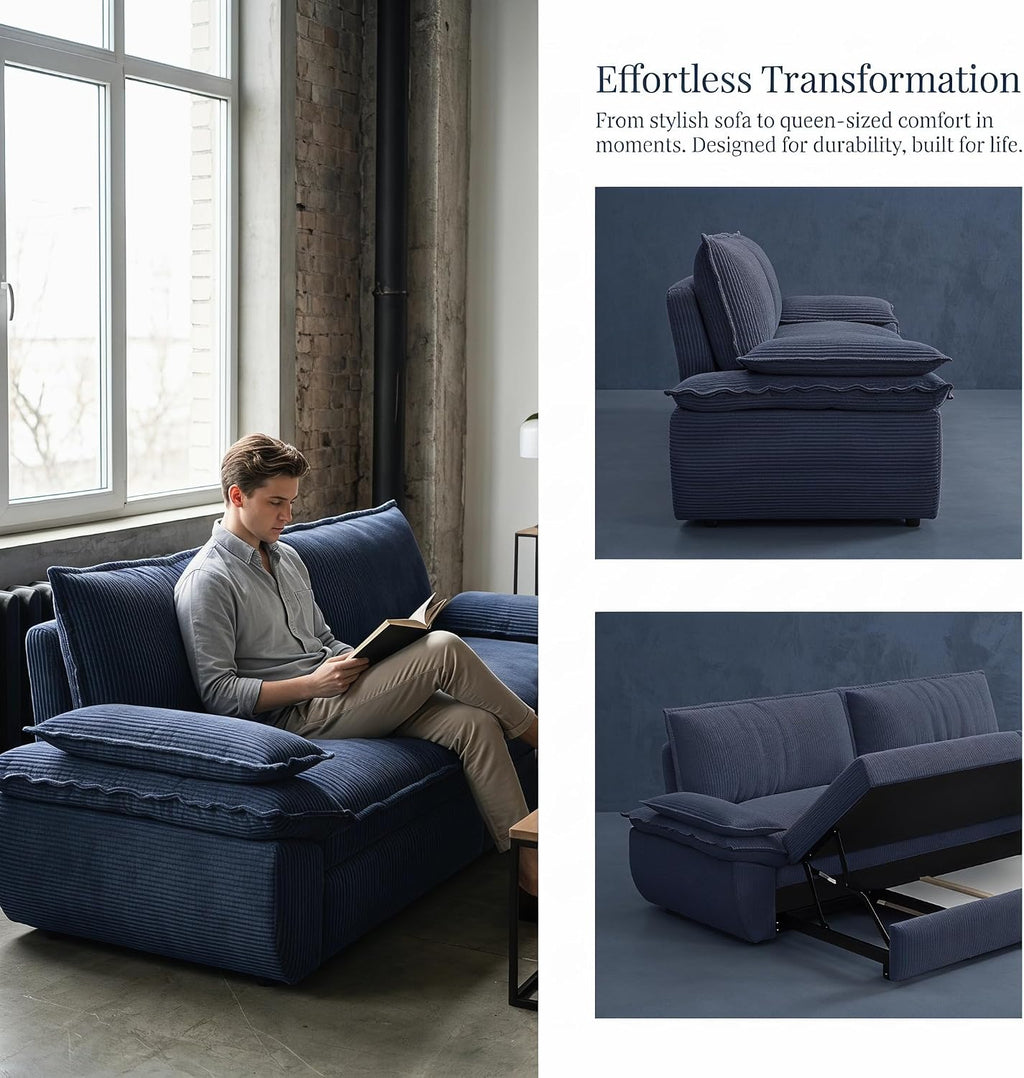 73.2' Sofa Bed Queen, 3-in-1 Pull Out Sofa Bed with Pillow Armrest, Modern Corduroy Convertible Sleeper Futon Sofa for Living Room Small Space, Apartment, Bedroom, Blue