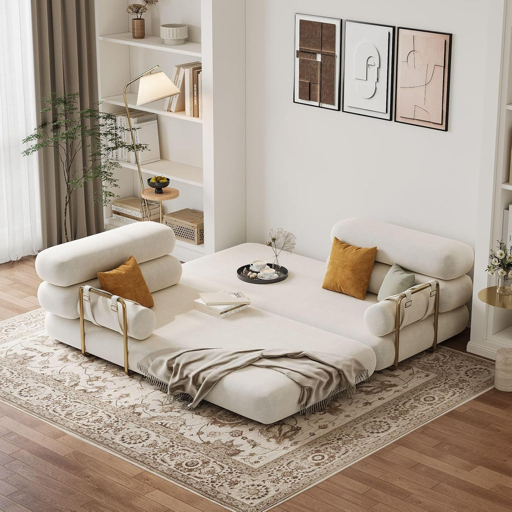 homary Velvet Futon Sofa Bed, 81' Convertible Sleeper Couch with Detachable Bolster Pillows, Stainless Steel Legs, Modern 3-Seater Sofa for Living Room, Apartment & Small Spaces (White)