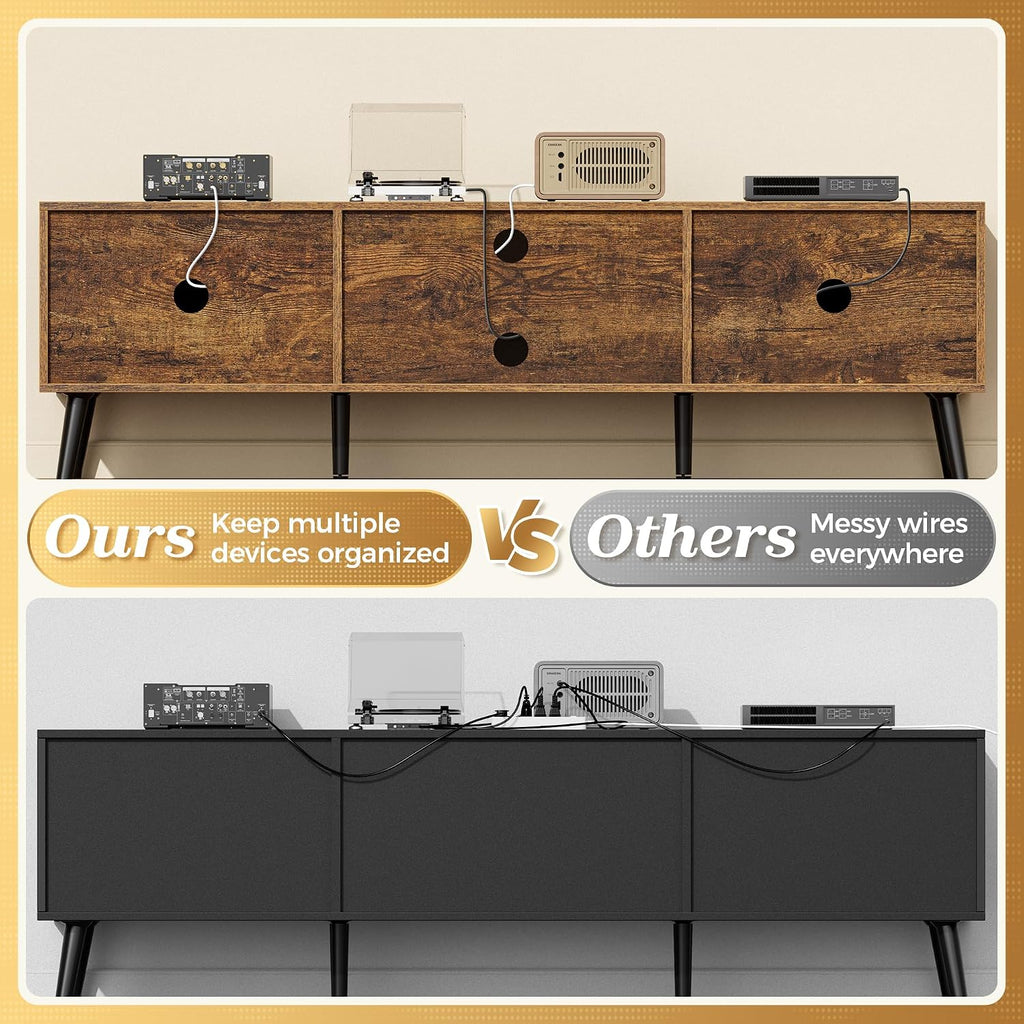 SUPERJARE TV Stand for 55, 65 Inch TV, 63 Inch Entertainment Center with Adjustable Shelf, 2 Cabinets, TV Console Table, Media Console, Solid Wood Feet, 4 Cord Holes, for Living Room, Rustic Brown