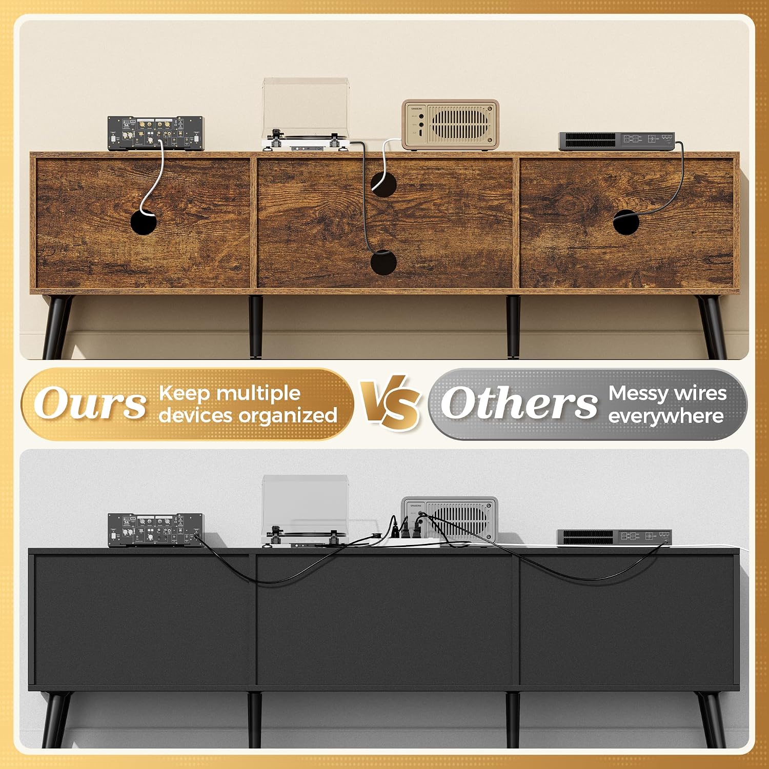 SUPERJARE TV Stand for 55, 65 Inch TV, 63 Inch Entertainment Center with Adjustable Shelf, 2 Cabinets, TV Console Table, Media Console, Solid Wood Feet, 4 Cord Holes, for Living Room, Rustic Brown