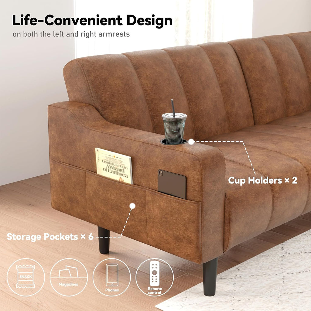 80'' Futon Sofa Bed,Faux Leather Futon Sleeper Sofa, Convertible Loveseat with Adjustable Sofa Backrest,Modern Couches for Living Room, Bedroom, Apartment, Office (Dark Brown)
