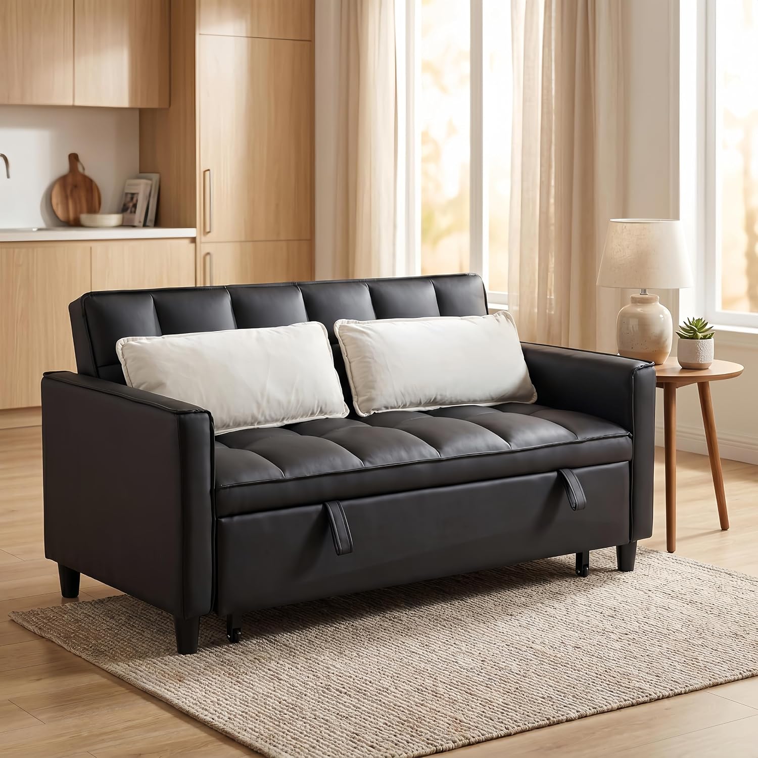 3 in 1 Convertible Sofa Bed, Loveseat Sleeper Sofa with Large Side Pockets, Pull Out Couch with Adjustable Backrest, Easy Assembly, PU Couch Bed for Small Spaces, Apartment, Black