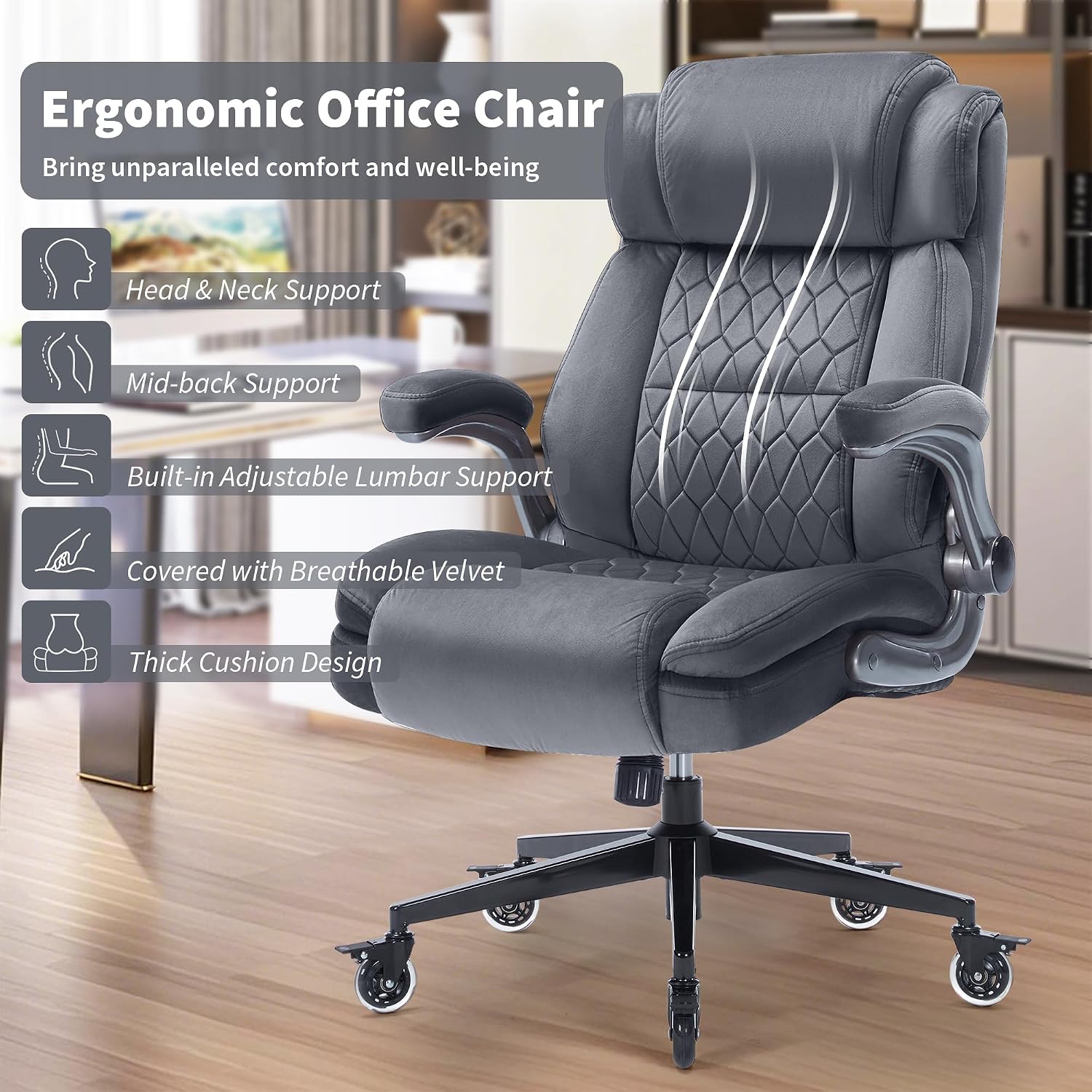 Office Chair with Locking Wheels, Ergonomic High Back Fabric Desk Chair with Adjustable Lumbar Support, Flip-Up Arms, Thick Padded Seat, 400lbs Heavy Duty for Home Office Adults