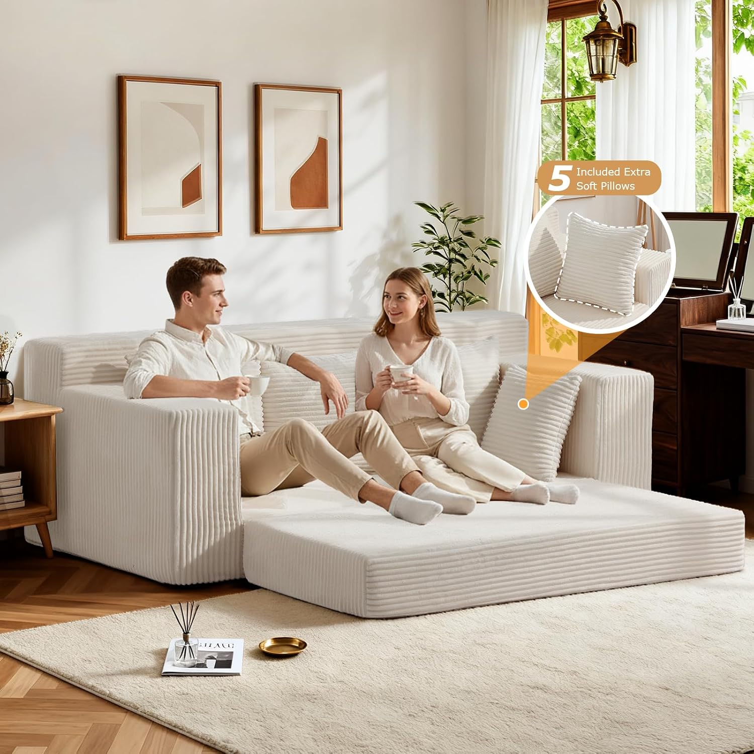 Boneless Couch 70 inch, 3 Seater Couch with Pull Out Bed, Boneless Loveseat Oversize Beige Futon Couch Floor Bed with 5 Pillows for Living Room Bedroom Lounge Small Space