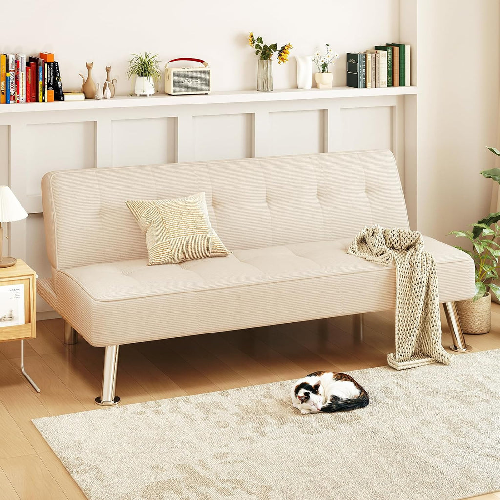 Furnimart Futon Sofa Bed, 66' Corduroy Convertible Futon Couch with 3-Position Adjustable Backrest, Solid Wood Frame Sleeper Sofa for Small Space, Living Room, Apartment, Office, Beige
