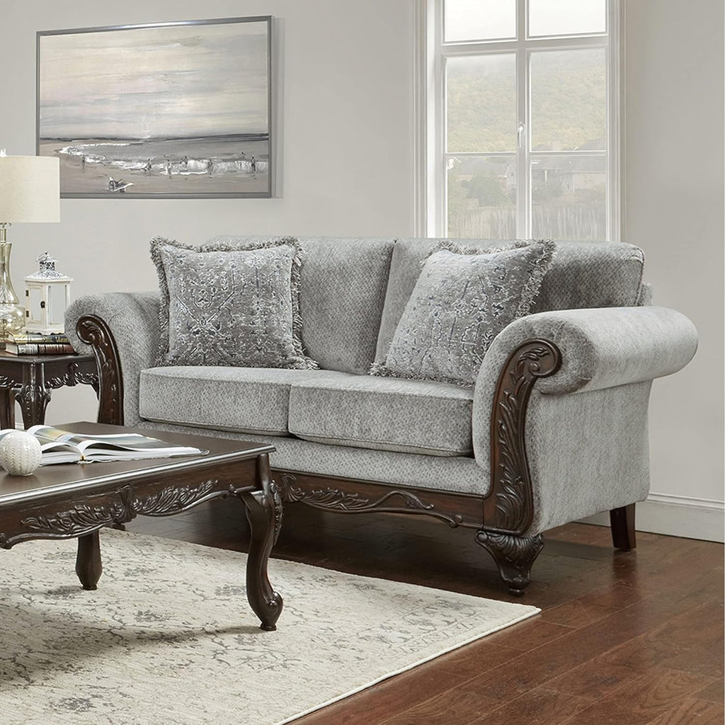 Hernen 2-Piece Living Room Set, Carved Wood Frame Sofa and Loveseat, Gray