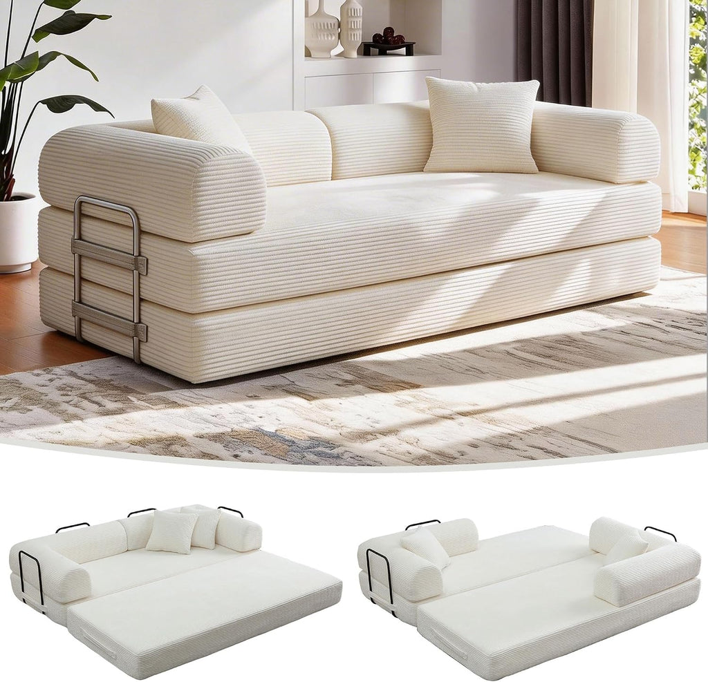 JJJ 78 inch Sofa Bed 4-in-1 Boneless Convertible Corduroy Sleeper Folding Couch with Fixed-Shape Frame and 2 Pillows Futons No-Assembly 3 Seater Upholstered for Living Room (Beige, 78 inch)