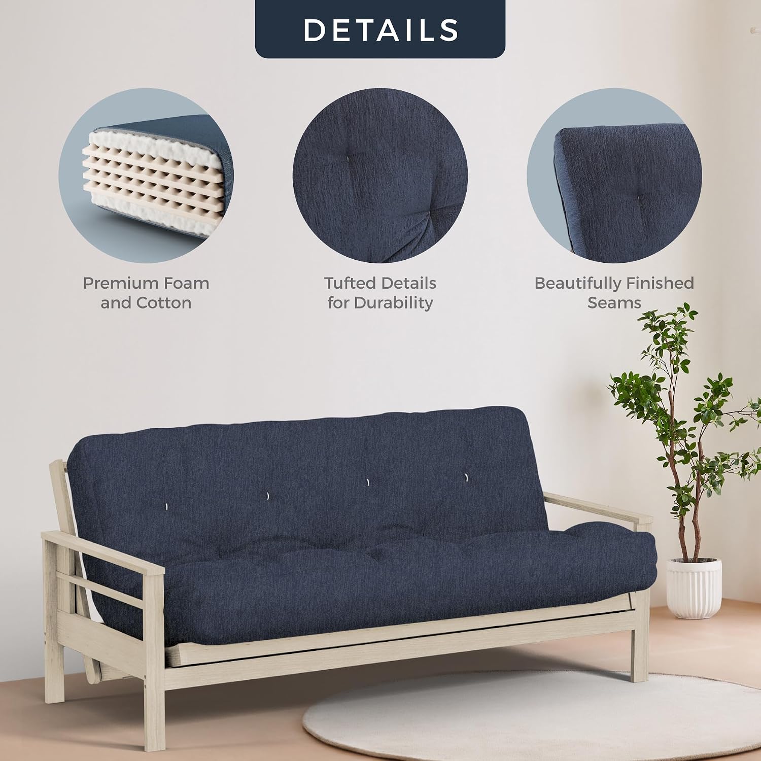 Loosh Home | 8' Twin Size Futon Sofa Bed Memory Foam Mattress - USA Made, Charcoal Velvet Chenille, Frame Not Included