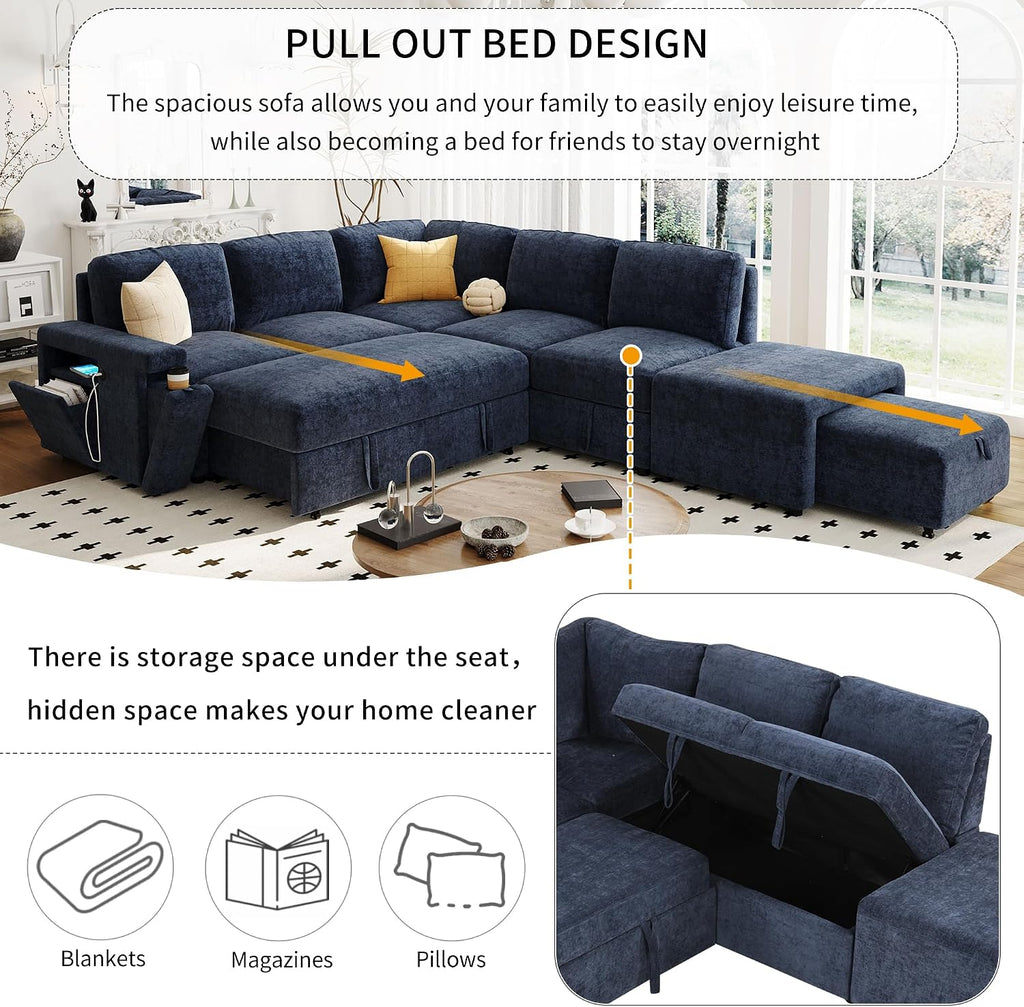 Merax L-Shaped Modular Sectional Sofa with Removable Storage Ottoman, USB Ports and Cup Holder, 6-Seats Upholstered Couch & Armrest, Free Combination Indoor Furniture for Living Room, Apartments, Blue