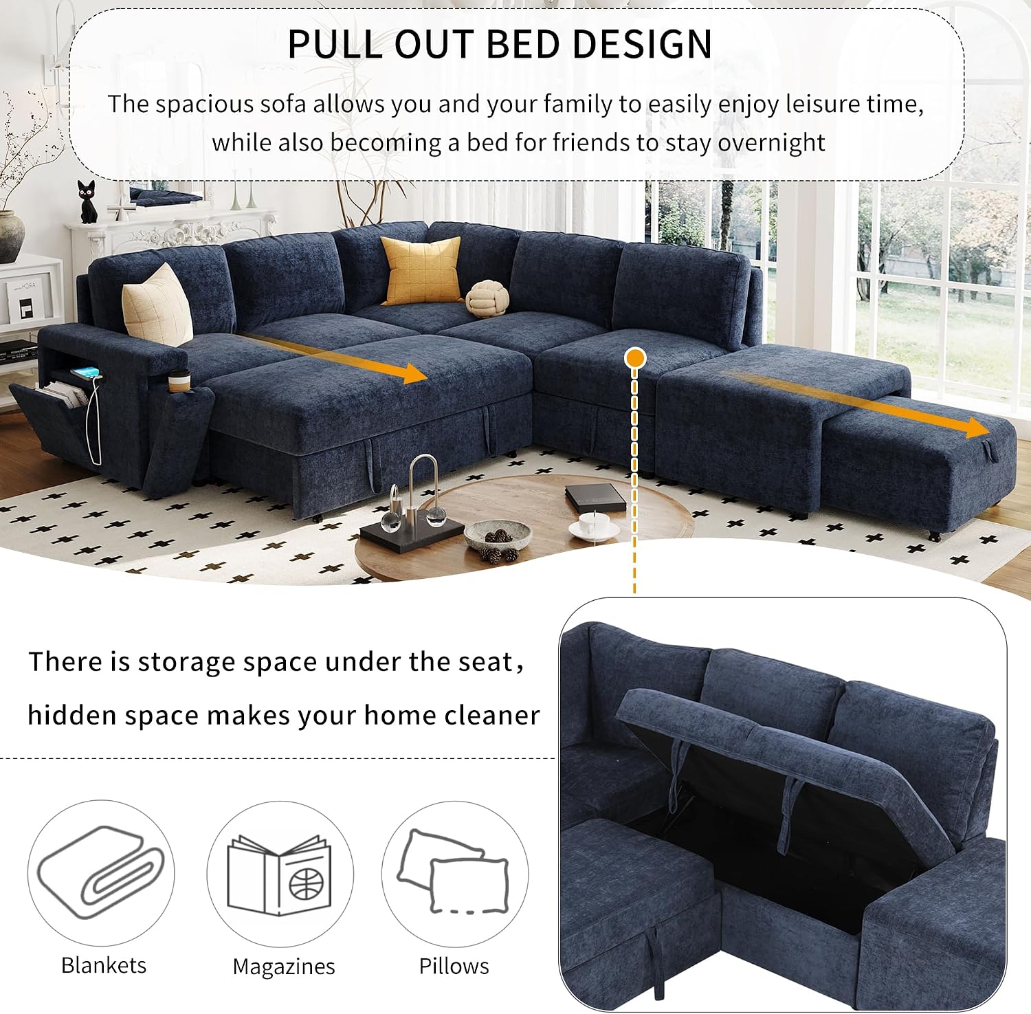 Merax L-Shaped Modular Sectional Sofa with Removable Storage Ottoman, USB Ports and Cup Holder, 6-Seats Upholstered Couch & Armrest, Free Combination Indoor Furniture for Living Room, Apartments, Blue