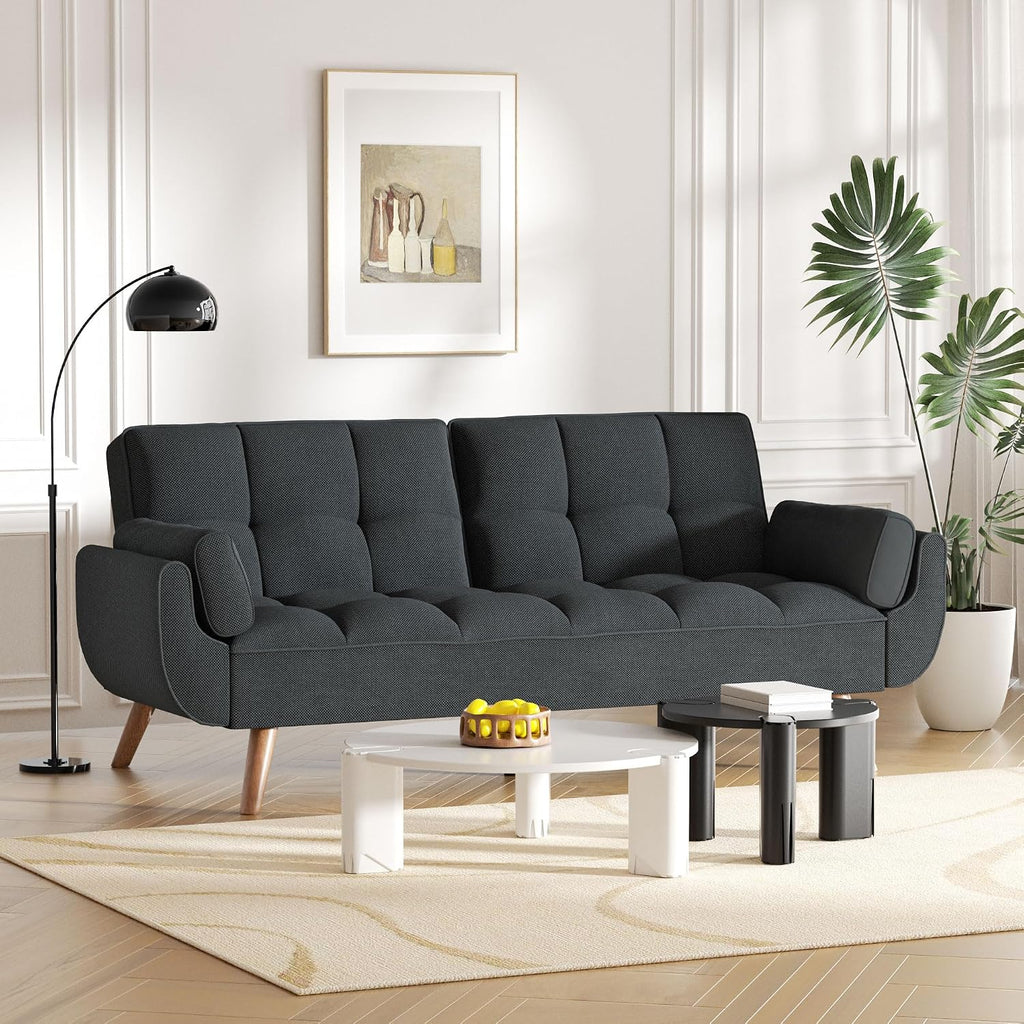 Futon Couch for Small Spaces & Apartment, 2-in-1Modern Comfy Loveseat Convertible Sofa Bed, 75.4-Inch Compact Design for Living Room, Dorms, and Studios-Dark Grey