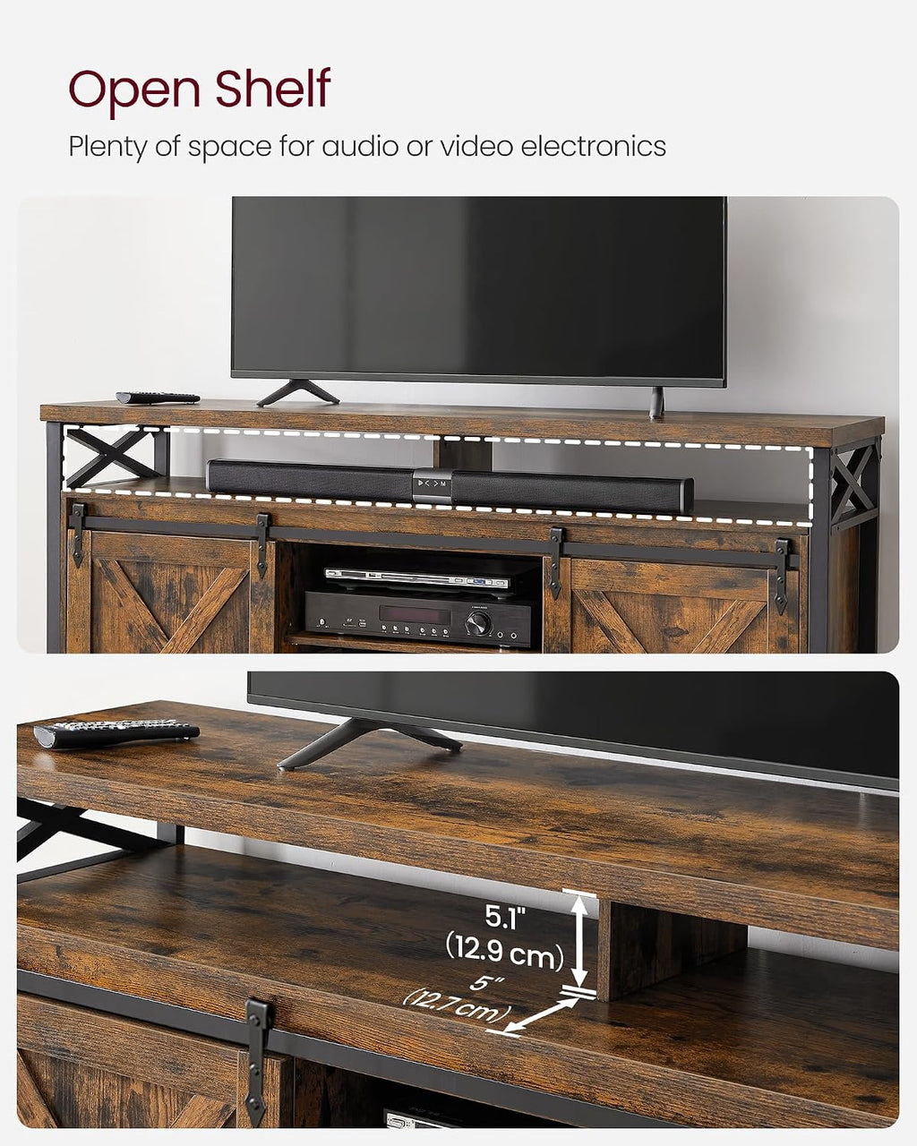 VASAGLE TV Stand for 65 Inch TV, Entertainment Center, TV Table and Console, TV Cabinet with Adjustable Shelves, Industrial Design, Rustic Brown and Black ULTV071B01
