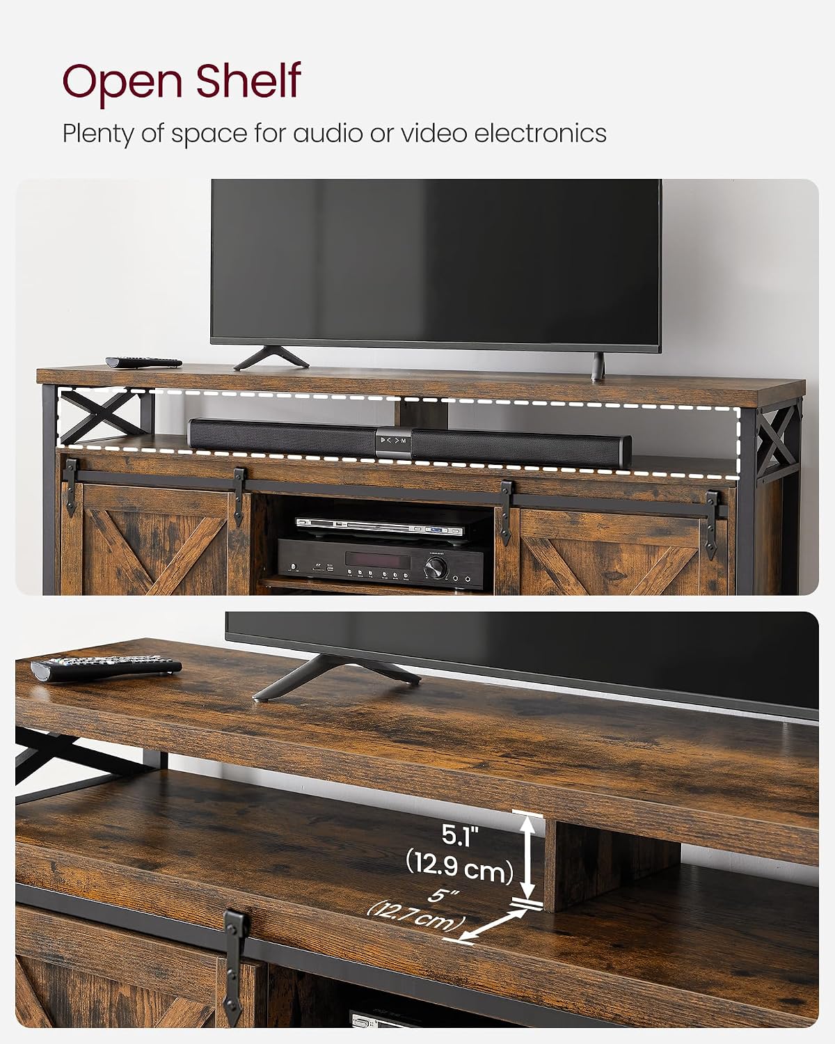 VASAGLE TV Stand for 65 Inch TV, Entertainment Center, TV Table and Console, TV Cabinet with Adjustable Shelves, Industrial Design, Rustic Brown and Black ULTV071B01