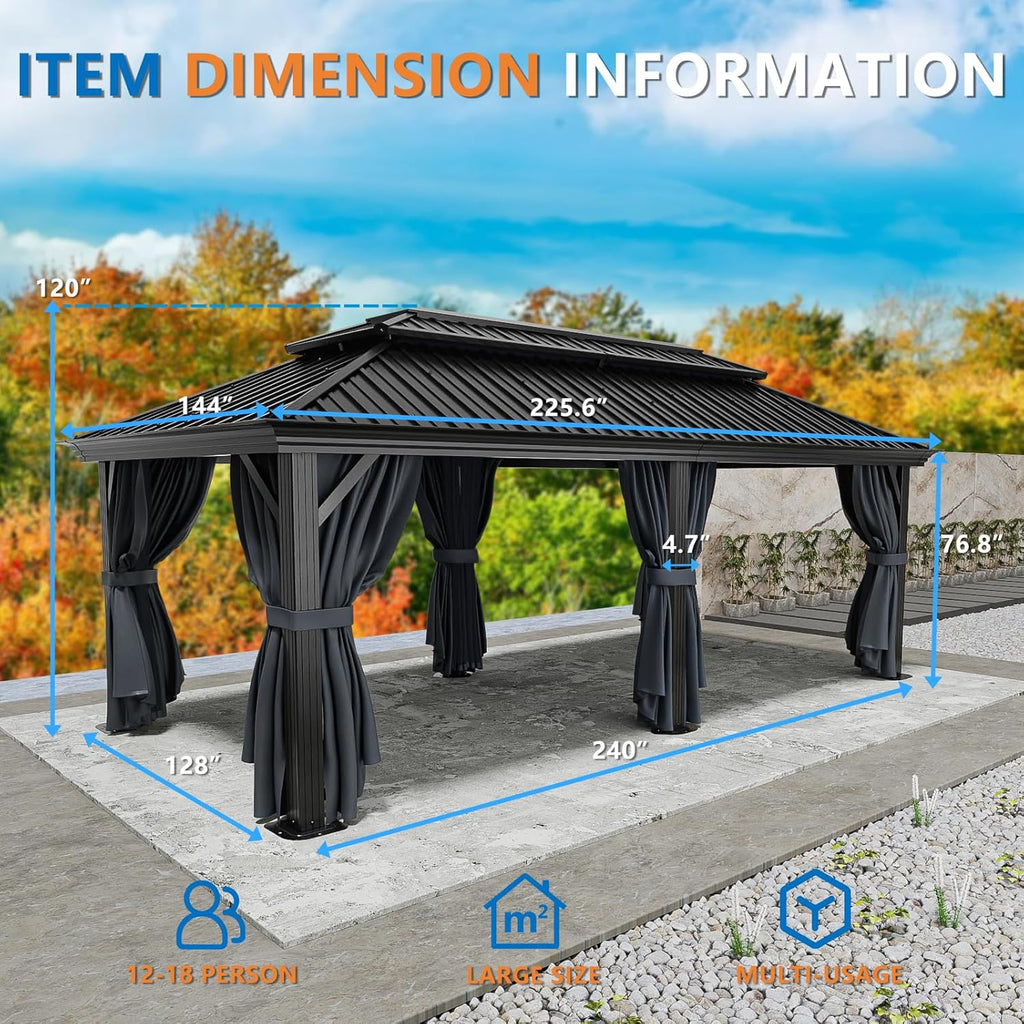 HOTEEL 12x20 Hardtop Gazebo on clearance with Metal Roof & Drainage System, Heavy Duty Galvanized Steel Gazebo with Aluminum Frame, Privacy Curtains and Netting, for All-Weather, Black (2026 Upgraded)