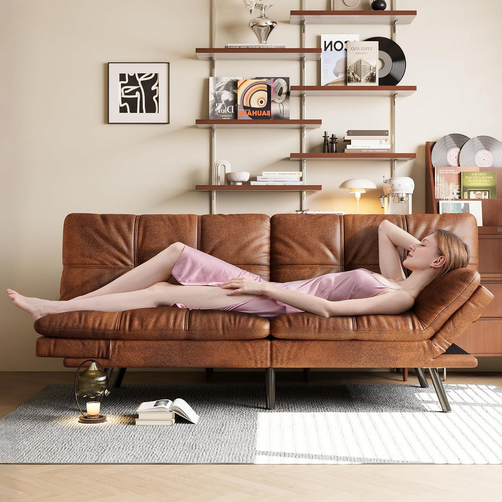 Opoiar 71' L Covertible Futon Sofa Bed,Faux Leather Futon Couch, Memory Foam Modern Loveseat Sleeper, Small Splitback Sofa Couches for Living Room,RV,Home Office,Apartment,Brown
