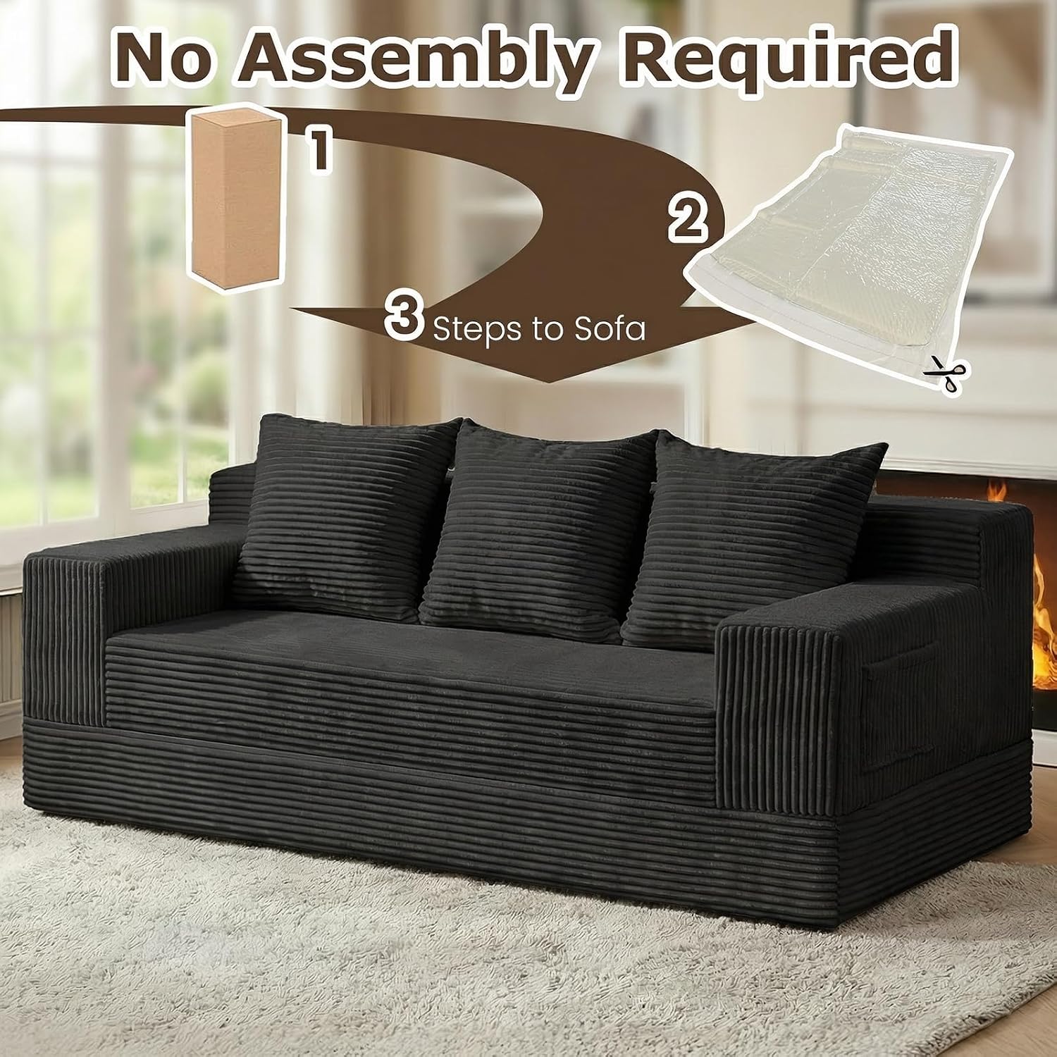cidludto Convertible Sofa Bed, 78' Oversized Boneless Loveseat Couch 2 in 1 Foldable Futn Bed Couch in A Box, Folding Sleeper Sofa Chair for Living Room, No Assembly Required, Black