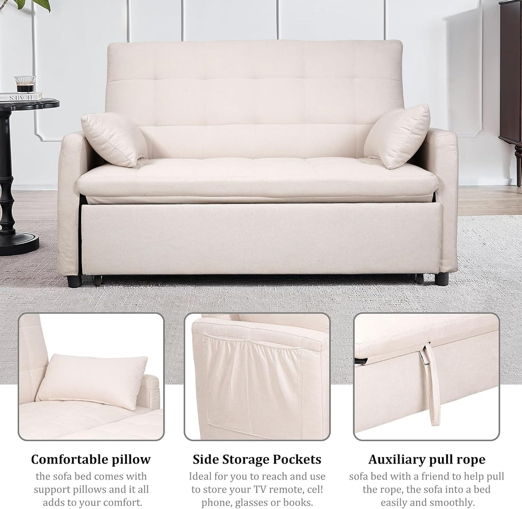 Oversized 3-in-1 Convertible Sleeper Sofa Bed, Futon Couch with Pullout Bed, 2-Seater Loveseat Sofa w/Pockets, Adjustable Backrest and Pillows for Living Room Apartment (White-Button Tufted)