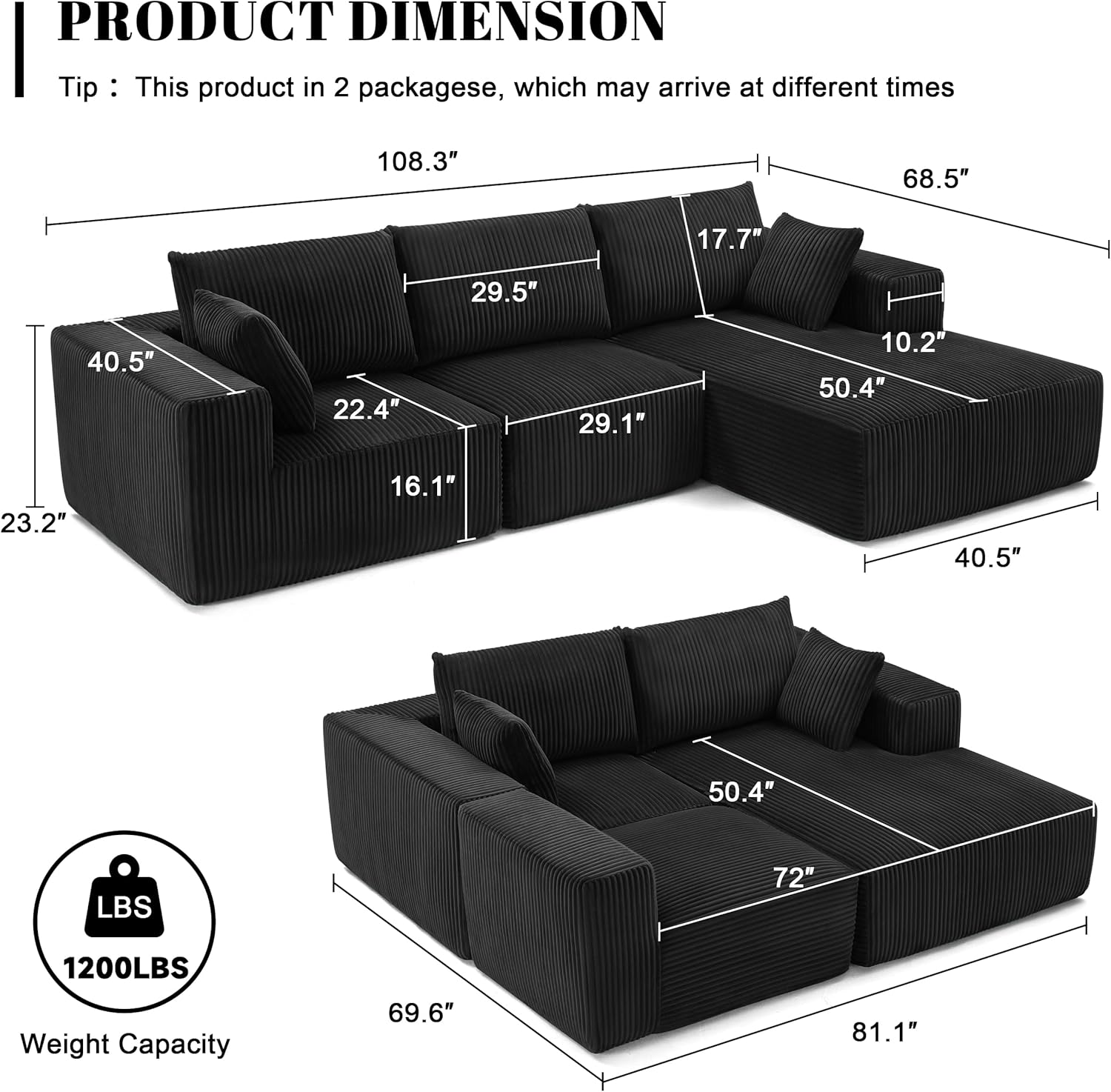 108' Modular Sectional Sofa, Cloud Sectional Couch with Deep Seat, Modern Modular L-Shape Sofa Couch with Chaise,Upholstered Boneless Couches for Living Room Bedroom (Black, Right Facing Chaise)