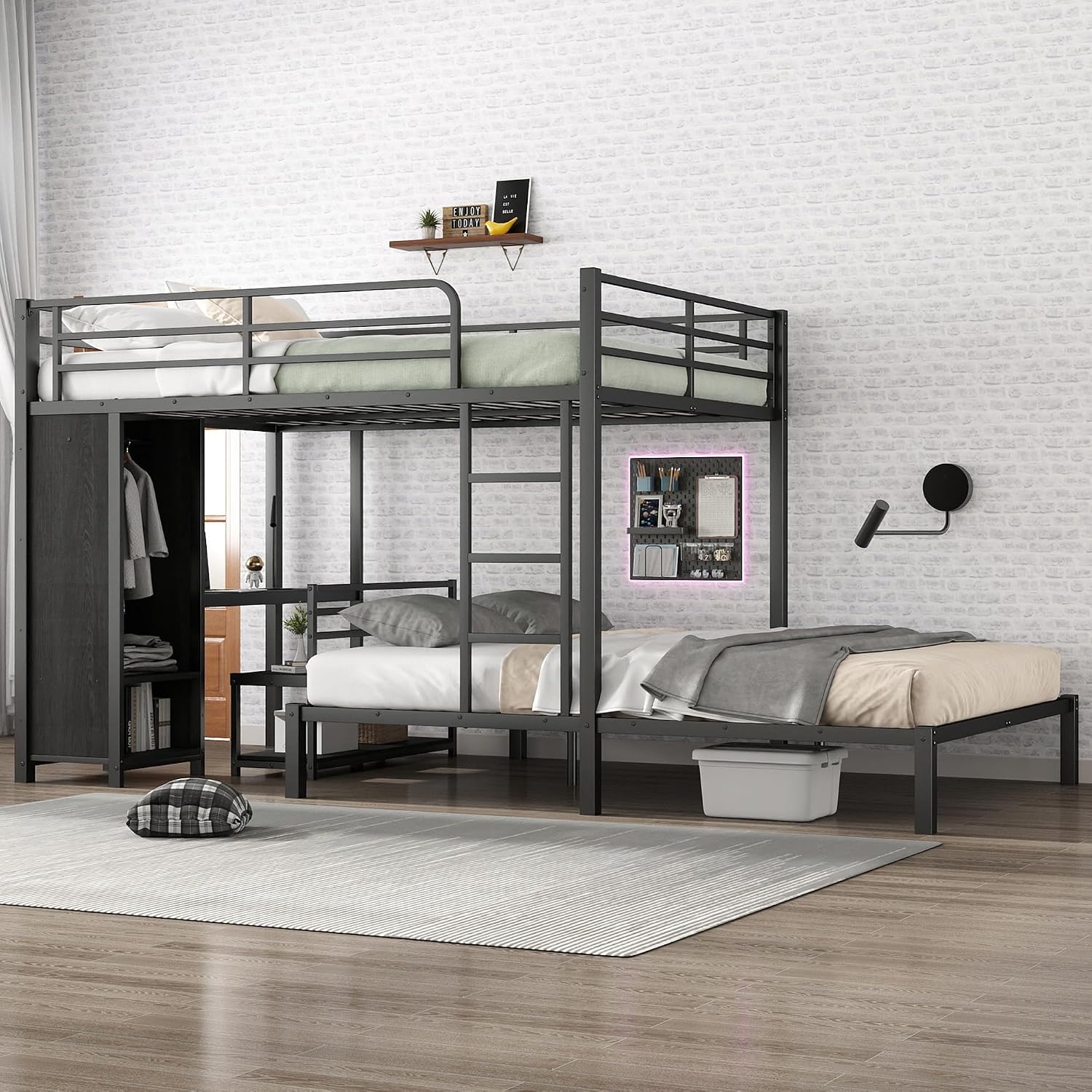 Bellemave Queen bunk Bed, Queen loft Bed with Desk and Shelves and Wardrobe, Black