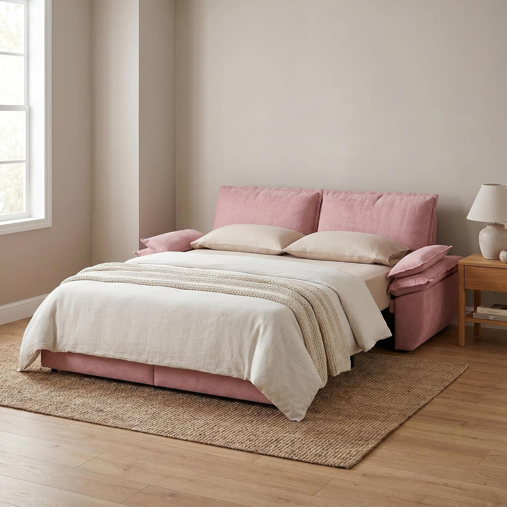 73.2' Sofa Bed Queen, 3-in-1 Pull Out Sofa Bed with Pillow Armrest, Modern Velvet Convertible Sleeper Futon Sofa for Living Room Small Space, Apartment, Bedroom, Pink