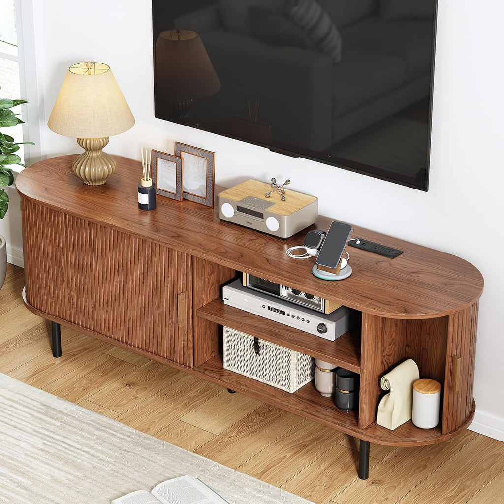 63' Fluted TV Stand with Power Outlet, Modern Media Console with Sliding Doors, Entertainment Center for TVs up to 60 Inch, Adjustable Shelves, Walnut