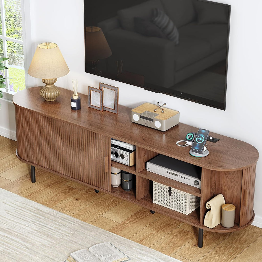 70.8' TV Stand with Power Outlet, Mid-Century Modern Television Stand, Fluted Media Console with Sliding Doors, Entertainment Center for TVs up to 60 Inch, Adjustable Shelves, Walnut