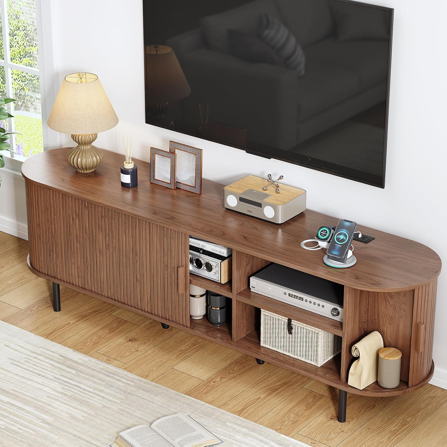 70.8' TV Stand with Power Outlet, Mid-Century Modern Television Stand, Fluted Media Console with Sliding Doors, Entertainment Center for TVs up to 60 Inch, Adjustable Shelves, Walnut