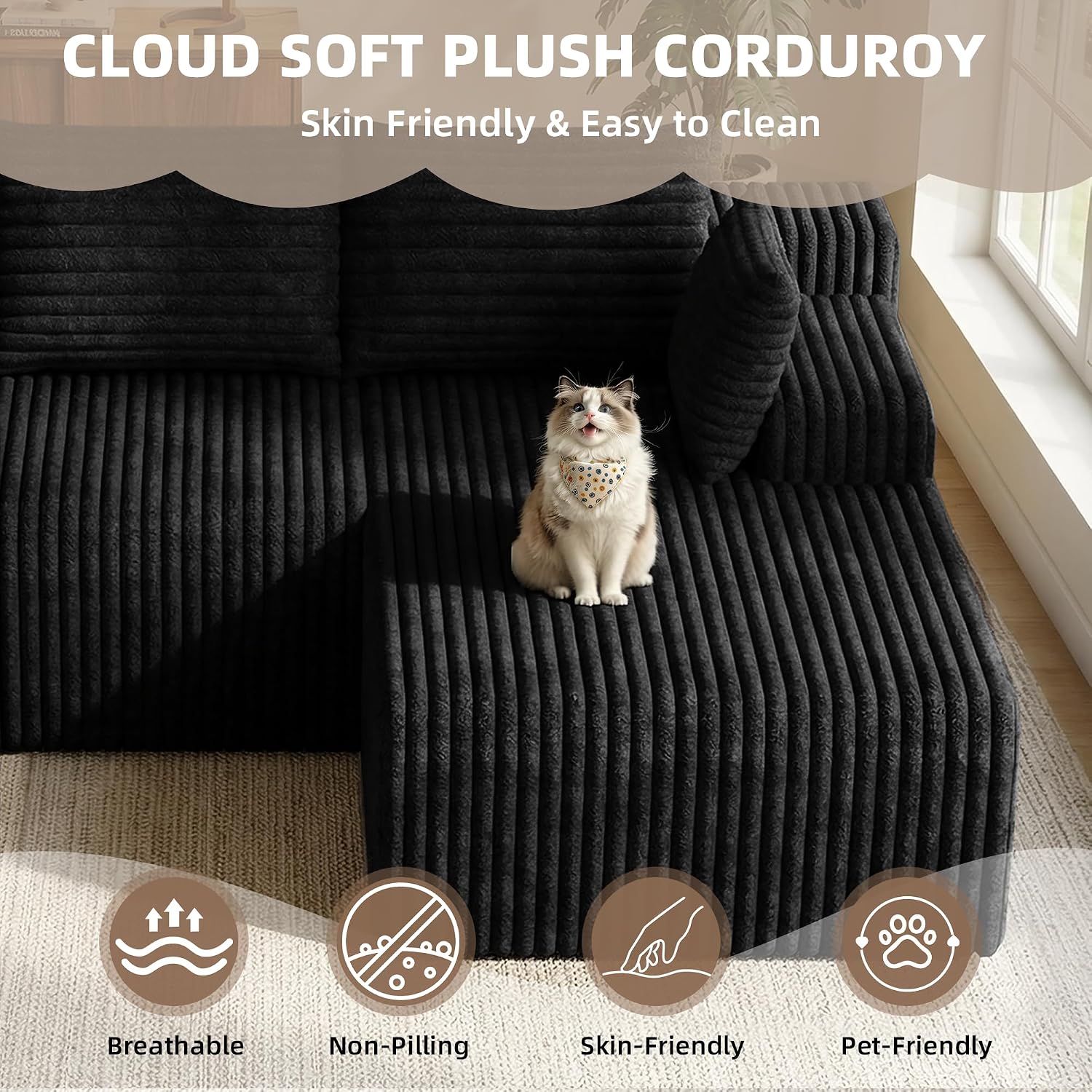 2026 New Boneless Couch, No Assembly Cloud Couch Sectional with Deep Seat & Chaise for Small Space, Upholstered Boneless Sectional Couch for Living Room, L Shaped Couch with Right Facing Chaise, Black