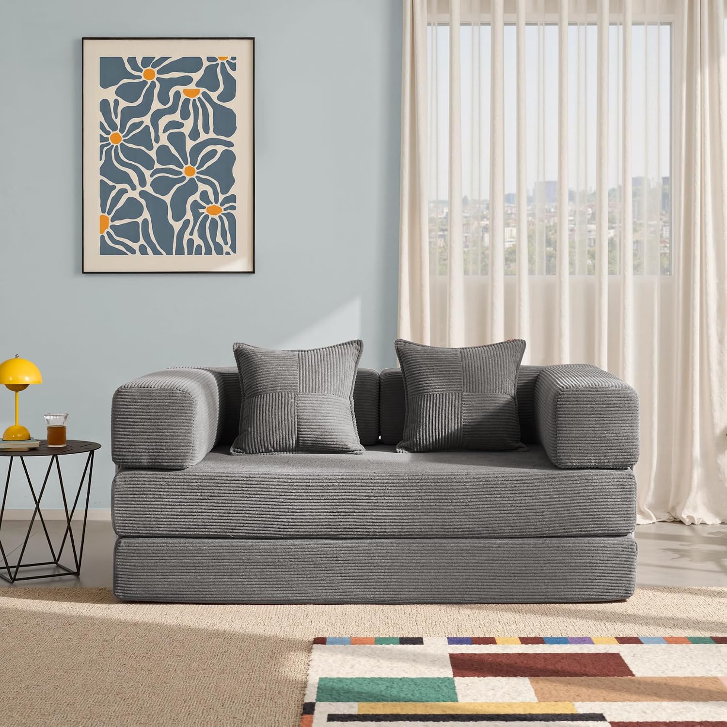 YINIX Sofa Bed, 62'' Folding Floor Couch, Compressed Convertable Sleeper Sofa, Memory Foam Couch with Pillow Back Support Armrest, 4-in-1 Futon Sofa Bed for Living Room, Silver