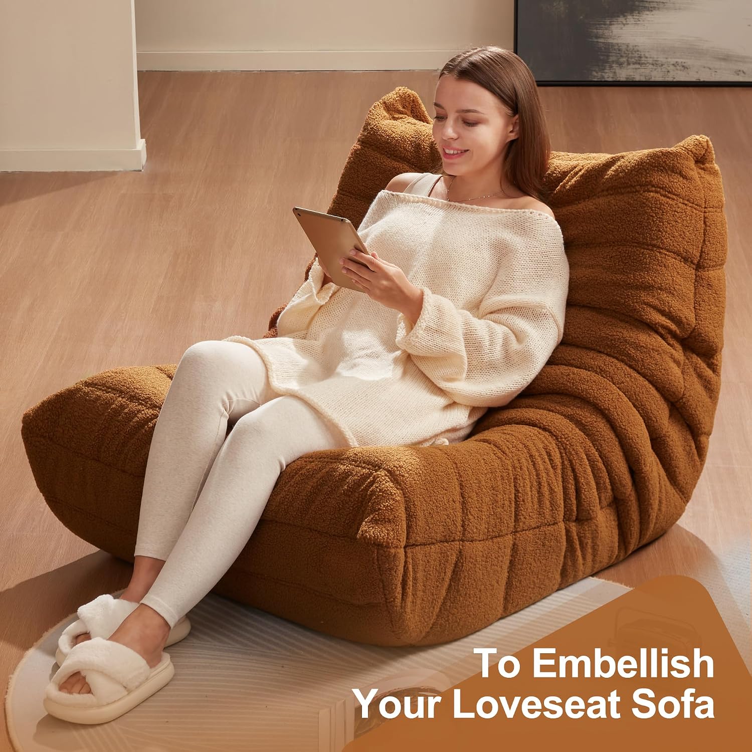Bean Bag Chairs for Adults Giant Bean Bag Chair Memory Foam BeanBag Chair Bean Bag Sofa with Filler Faux Fur Fireside Beanbags Lazy Sofa for Living Room Bedroom Office (Brown Teddy, Single)