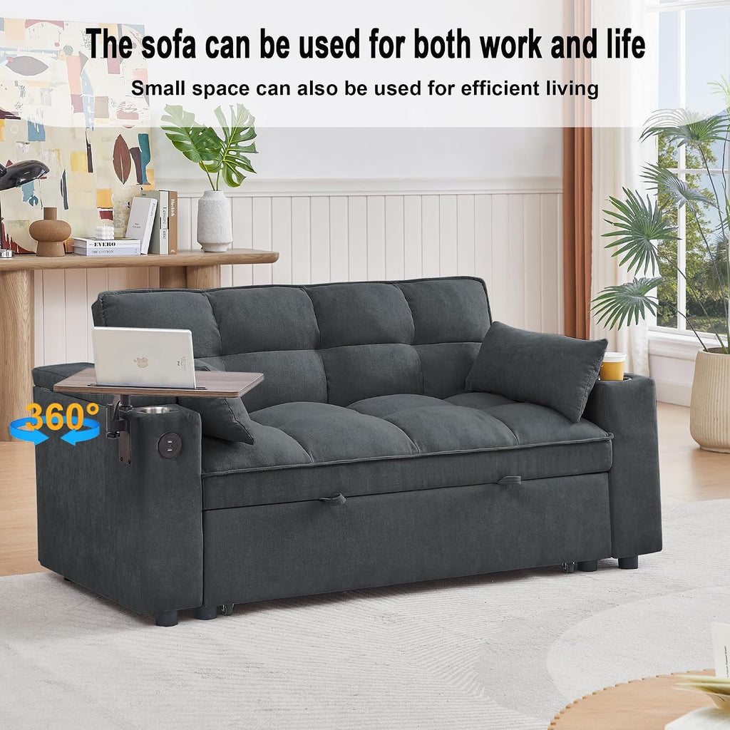 hansones 66' Multi-Functional Pull-Out Sofa Bed with Hidden Side Table, Storage Armrests, Built-in Charging Port, Spring Mattress, Solid Wood Frame – Ideal for Small Spaces, Easy Assembly