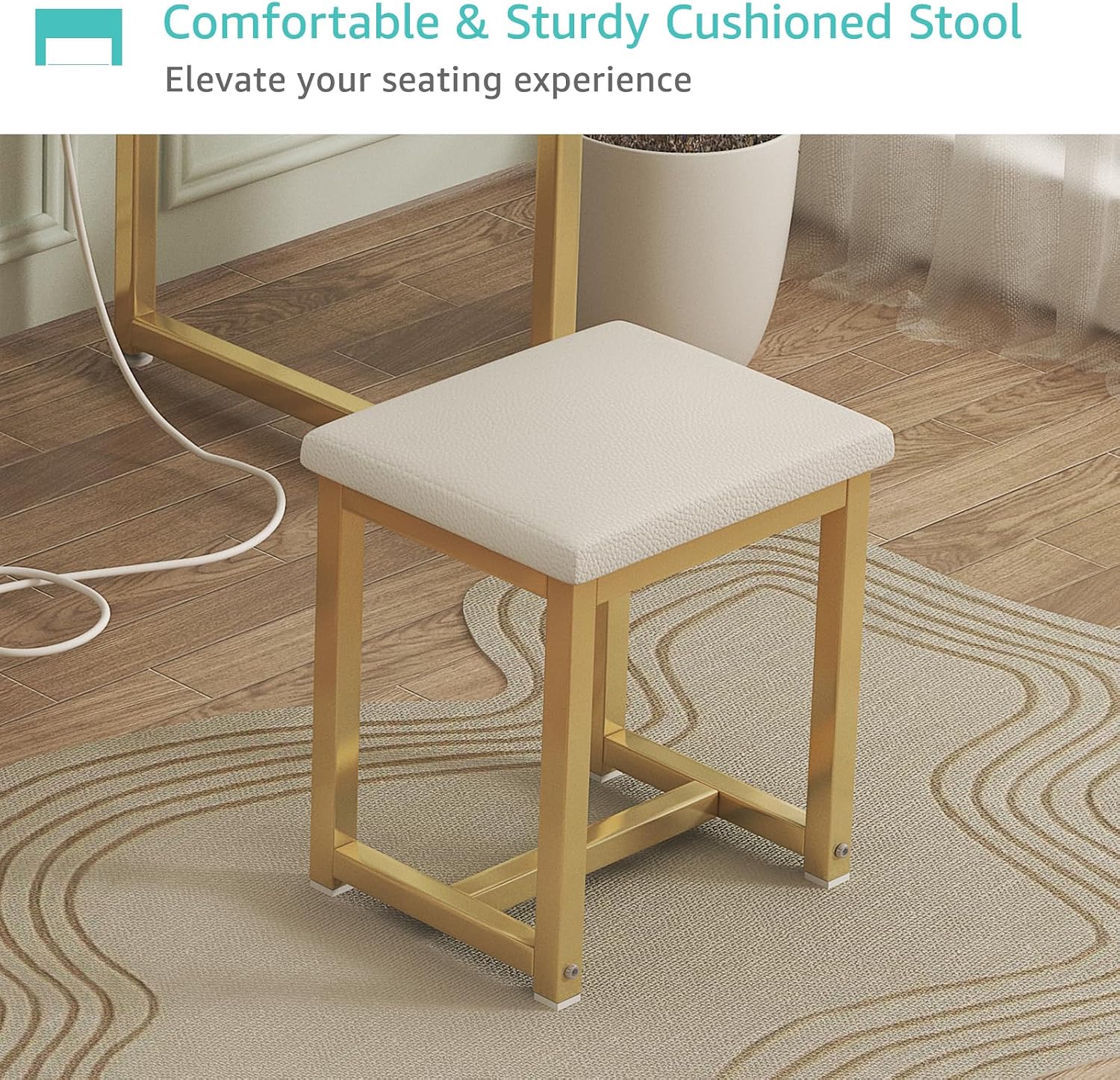 Small Makeup Vanity Desk with Lights, 31 inch Girls Vanity Set with Mirror and Chair, Make Up Dresser Table with Drawers and Power Outlet for Bedroom Small Space, White and Gold