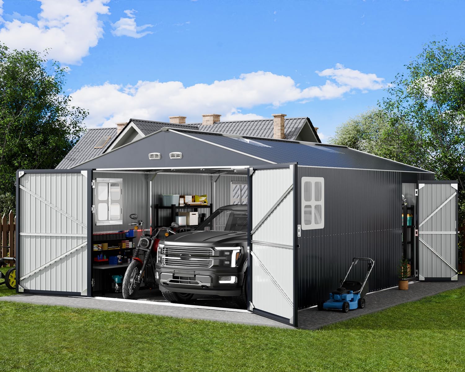 K Knowbody 13x20x8.3 FT Metal Garage Shed with Base Floor Kit, Heavu-Duty Powder-Coated 18-Gauge Steel Frame, 100 PSF Snow & 150 MPH Wind Rated, Skylight Dual-Entry Carport Workshop