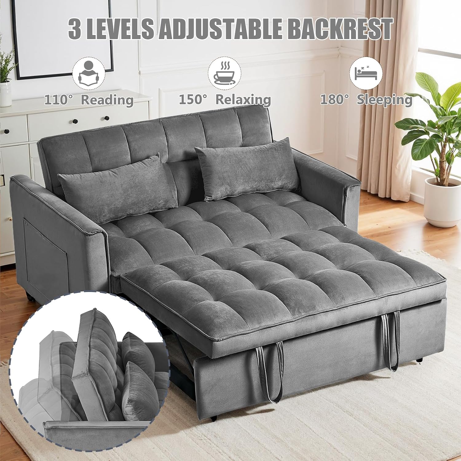 Skepphlay 3 in 1 Sleeper Sofa Bed, Pull Out Couch, Convertible Futon Loveseat with krest, Dinotefuran Living Room Chaise Lounr Home Apartment Office, Dark Grey