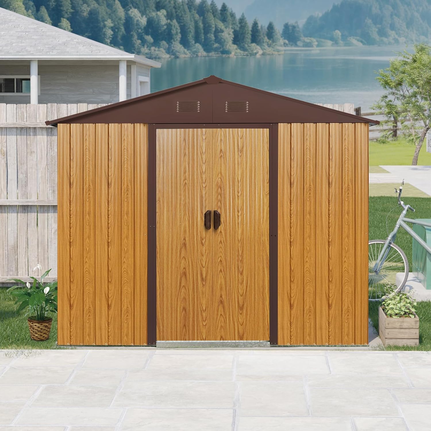 89in*47in Heavy-Duty Outdoor Metal Storage Shed with Floor Foundation & Window - Galvanized Steel Tool Shed, Tiny Home Backyard Solution w/Lock, Shelves & Anchors,Coffee