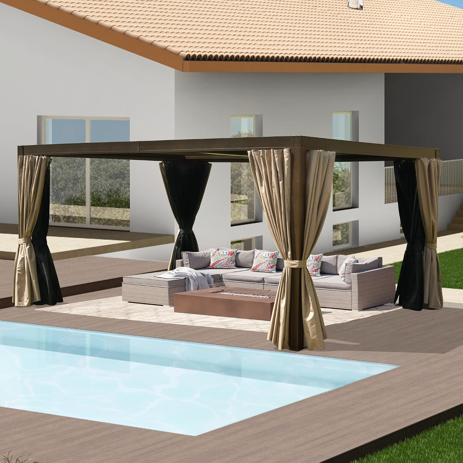 Domi 10x13FT Louvered Pergola, Full Aluminum Pergola with Adjustable Louvered Roof, Outdoor Pergola with Waterproof Curtains and Netting, Dark Brown