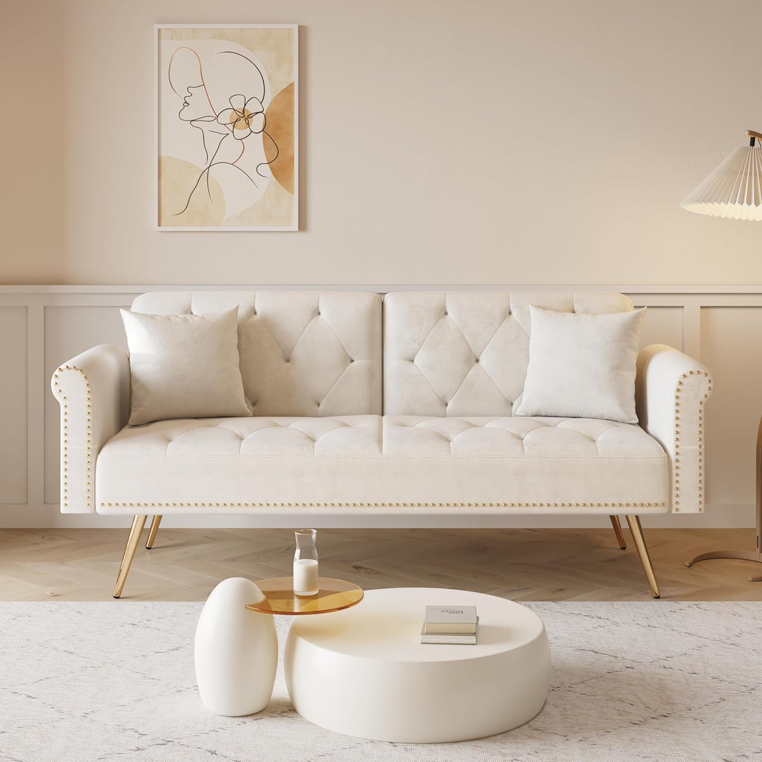 ERYE Tufted Futon Sofa Bed Modern Velvet Upholstered Loveseat Sleeper Futon Sofabed with Split Adjustable Backrest, Nailhead Decor and Elegant Golden Legs for Home Apartment RV Office Studio Bedroom