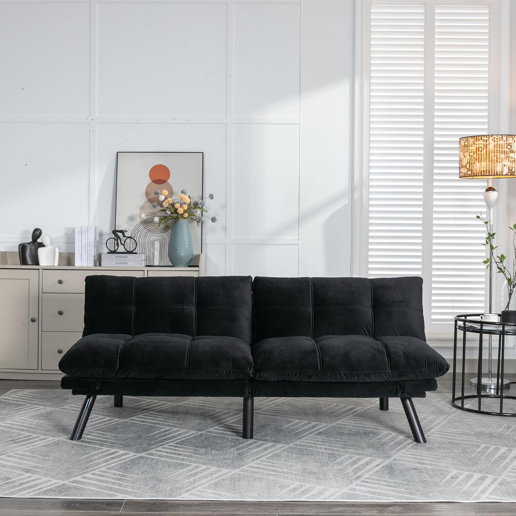 Convertible Futon Sofa Bed for Small Spaces, Modern Multi-Functional Sleeper with Adjustable Backrest, Tufted Brown Fabric Couch for Living Room, Apartment, Dorm (Black)