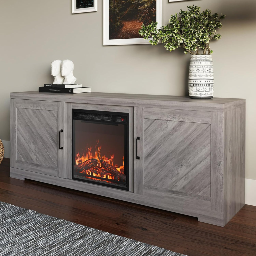 BELLEZE Modern 58' Farmhouse TV Stand with 18' Electric Fireplace Heater & Media Entertainment Center for TV up to 65', Console Table with Storage Cabinets - Hilo (Grey Wash)