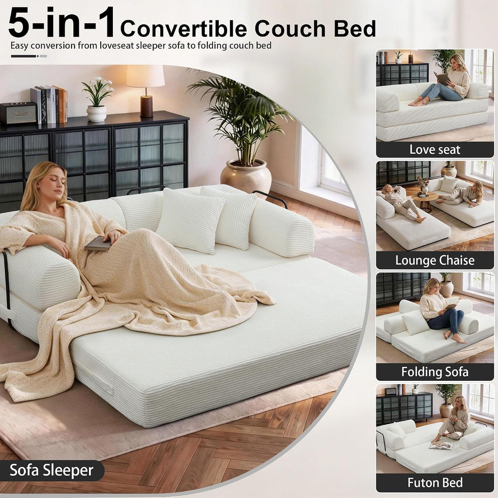 JJJ 78 inch Sofa Bed 4-in-1 Boneless Convertible Corduroy Sleeper Folding Couch with Fixed-Shape Frame and 2 Pillows Futons No-Assembly 3 Seater Upholstered for Living Room (Beige, 78 inch)