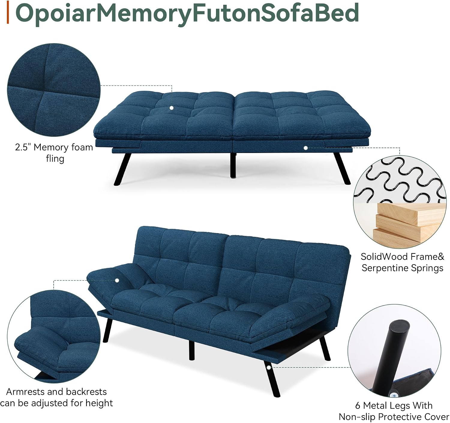 Opoiar Convertible Futon Sofa Bed,71' Memory Foam Futon Couch,Detachable Cushion,Adjustable Backrest & Armrest,Linen Modern Loveseat Sleeper Recliner for Living Room,Office,Apartment,Retro Blue
