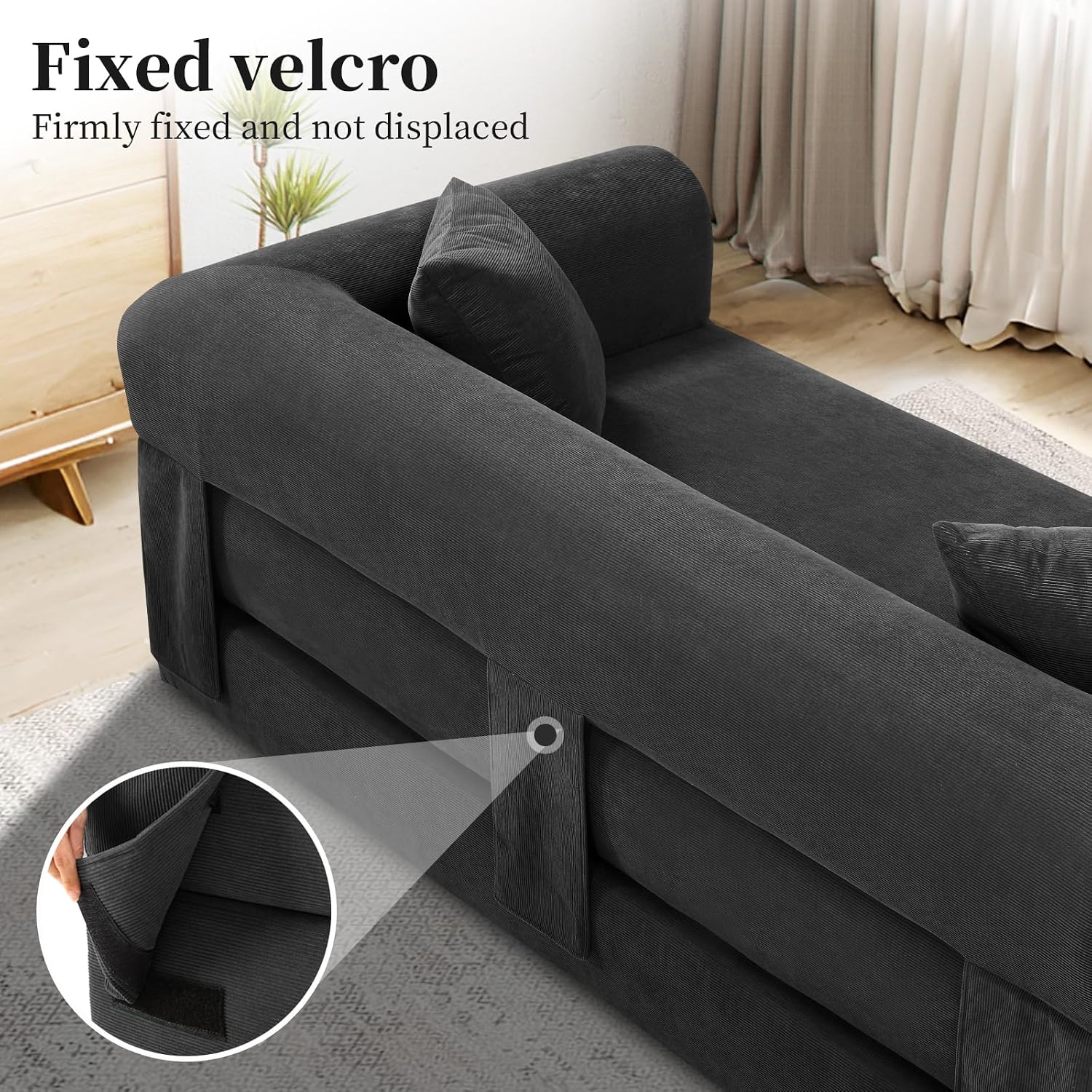 KBQ 3-Seat Convertible Sleeper Sofa Bed with 2 Pillows, Corduroy Folding Mattress Couch, Floor Sofa Lounge Couch for Living Room Bedroom Lounge Studio, Deep Gray