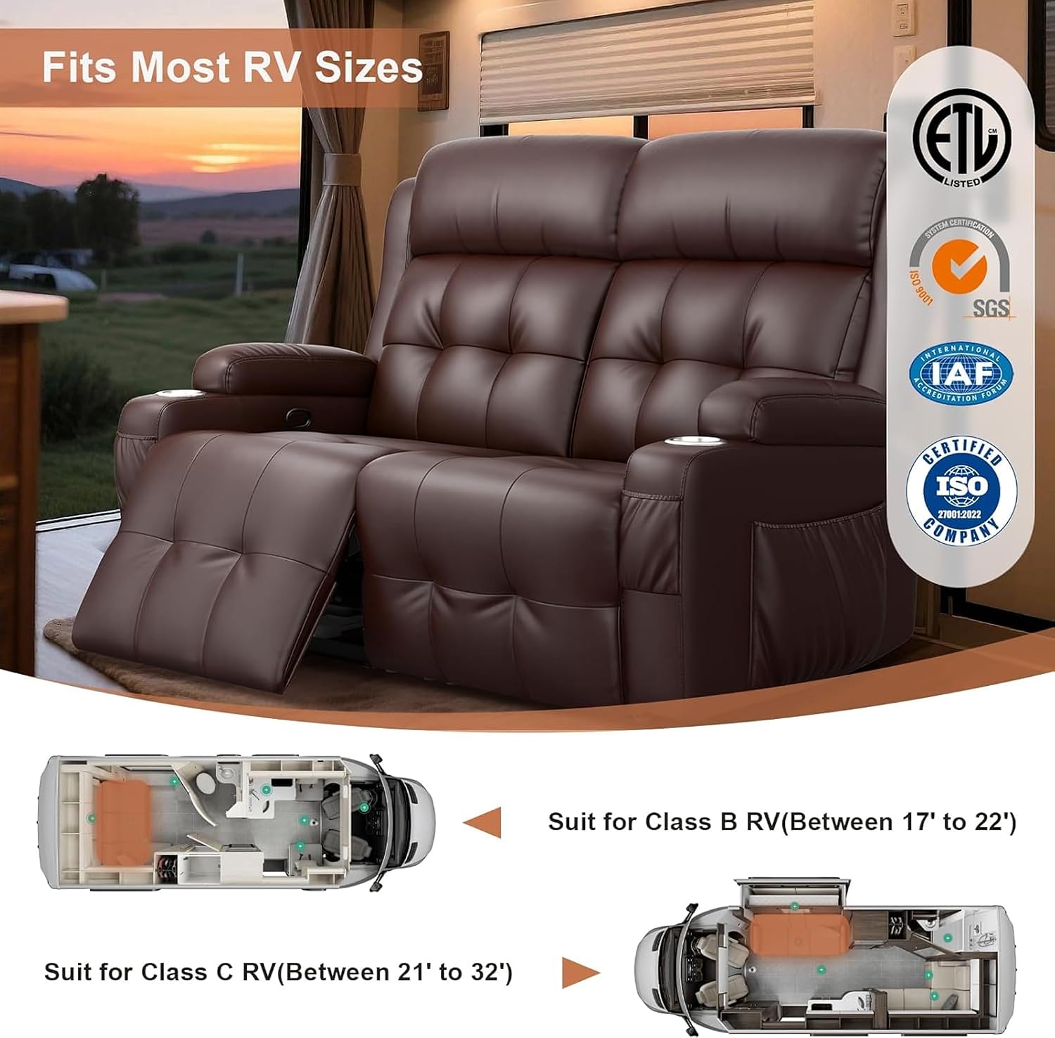 RV Loveseat Recliner Sofa, Wall Hugger Massage Reclining RV Couch with USB, Insert Pockets, Cup Holders, 150° RV Recliners Sleeper Sofa for RV Furniture & Travel Trailers & Home Theater Seating