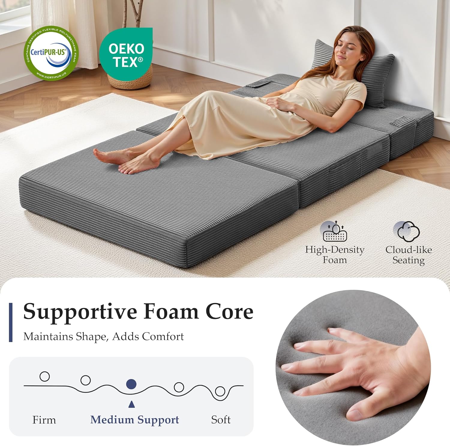 Youzi Folding Sofa Bed Convertible Sleeper Chair with Pillow, 4-in-1 Foldable Mattress Futon Couch Bed to Lounge Chair for Living Room, Bedroom, Dorm & Guest, Washable Cover, Dark Gray, Twin