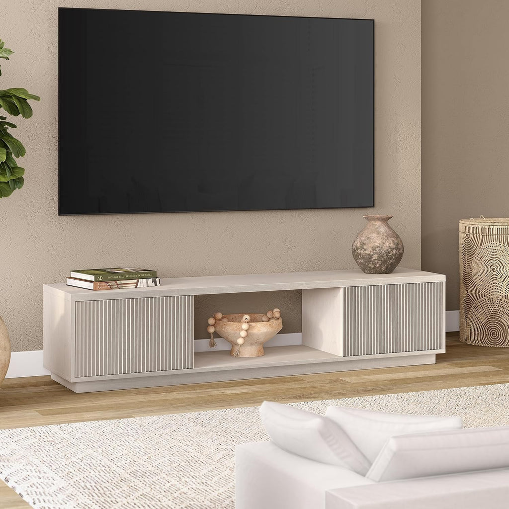 Henn&Hart Fluted TV Stand for TVs up to 78' with 2 Ribbed Side Storage Cabinets and Open Center Storage for Living Room, Family Room, or Office, Beech White