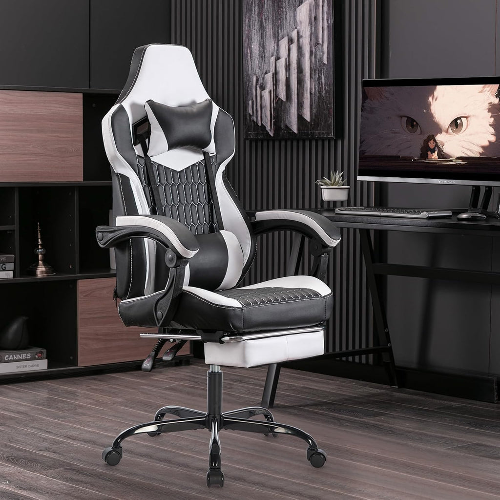 Gaming Chair with Massage and Footrest, Ergonomic High Back PC Racing Chair, 300LBS Capacity with Adjustable Lumbar Support & Headrest for Office and Desk (Model B, Black+White)