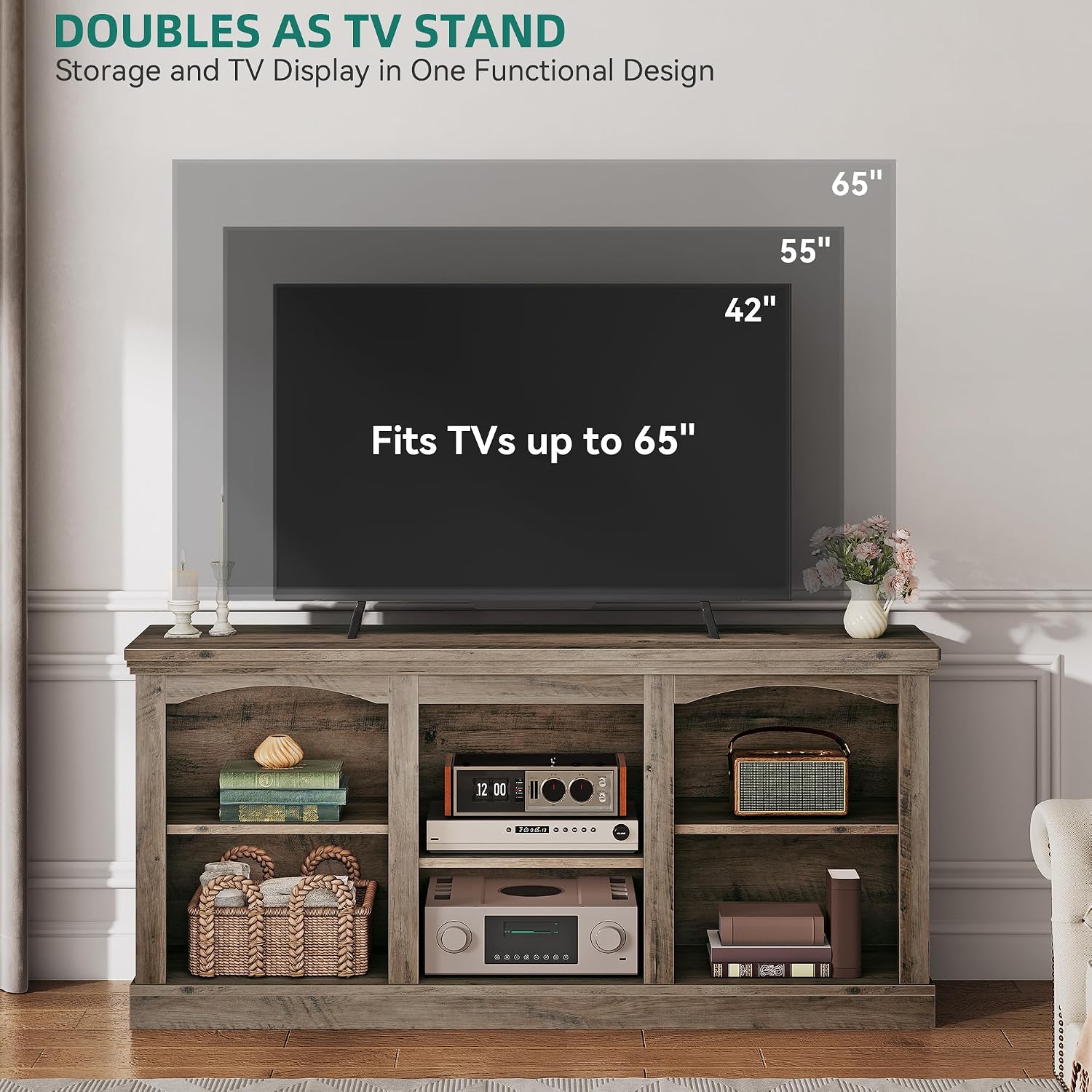 YITAHOME Farmhouse TV Stand for 65 Inch TV, Entertainment Center with Adjustable Shelf, Large TV Console Table for Living Room (Washed Grey)