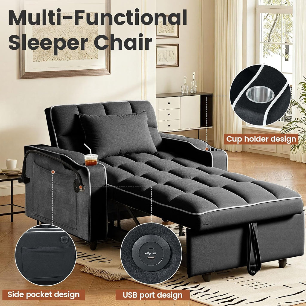Convertible Sleeper Chair Bed, Pull Out Chair Sleeper with Bracket and Cup Holder, Chairs Bed Sleepers for Adults, 3 in 1 Sofa Bed Chairs for Small Spaces, Living Room, Black