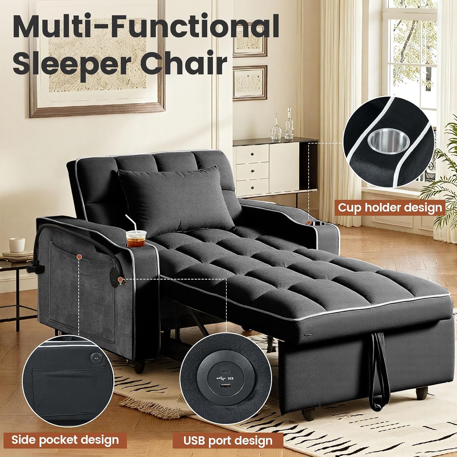 Convertible Sleeper Chair Bed, Pull Out Chair Sleeper with Bracket and Cup Holder, Chairs Bed Sleepers for Adults, 3 in 1 Sofa Bed Chairs for Small Spaces, Living Room, Black